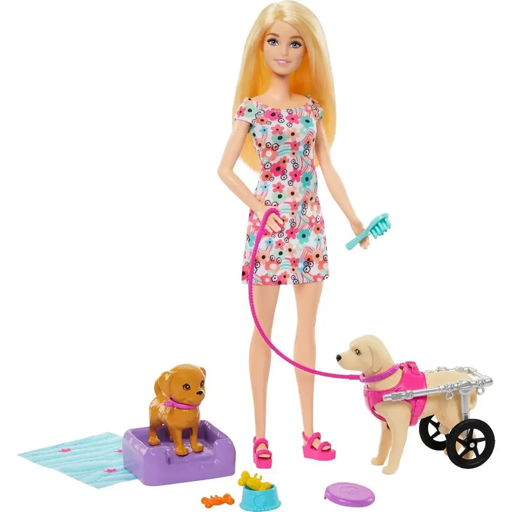 Barbie Doll with 2 Toy Dogs & Accessories Pup Removable Wheelchair NWT